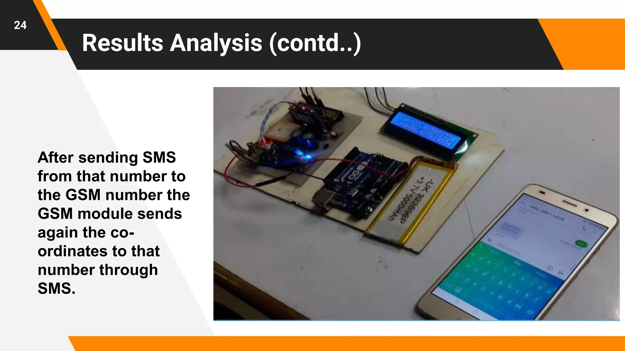 Results Analysis (contd..)
24
After sending SMS
from that number to
the GSM number the
GSM module sends
again the co-
ordinates to that
number through
SMS.
 