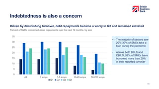 Indebtedness is also a concern
Driven by diminishing turnover, debt repayments became a worry in Q2 and remained elevated
11
• The majority of sectors saw
20%-30% of SMEs take a
loan during the pandemic
• Across both BBLS and
CBILS, 59% of SMEs have
borrowed more than 20%
of their reported turnover
0
5
10
15
20
25
30
35
All 0 emps 1-9 emps 10-49 emps 50-250 emps
Q1 Q2 Q3 Q4
Percent of SMEs concerned about repayments over the next 12 months, by size
 
