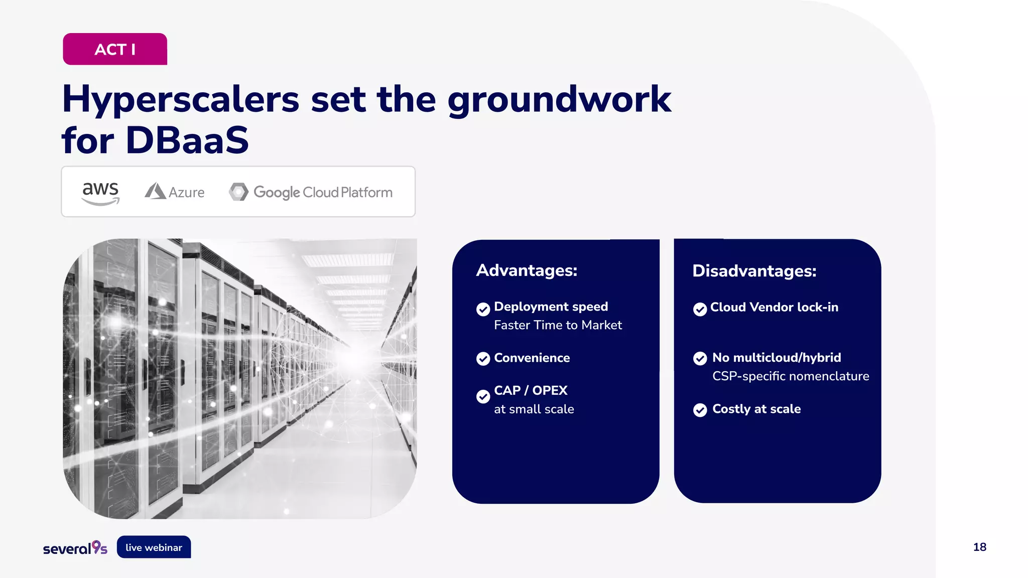 18
live webinar
Hyperscalers set the groundwork
for DBaaS
ACT I
Advantages:
Deployment speed
Faster Time to Market
Convenience
CAP / OPEX
at small scale
Disadvantages:
Cloud Vendor lock-in
No multicloud/hybrid
CSP-speciﬁc nomenclature & tooling
Costly at scale
 