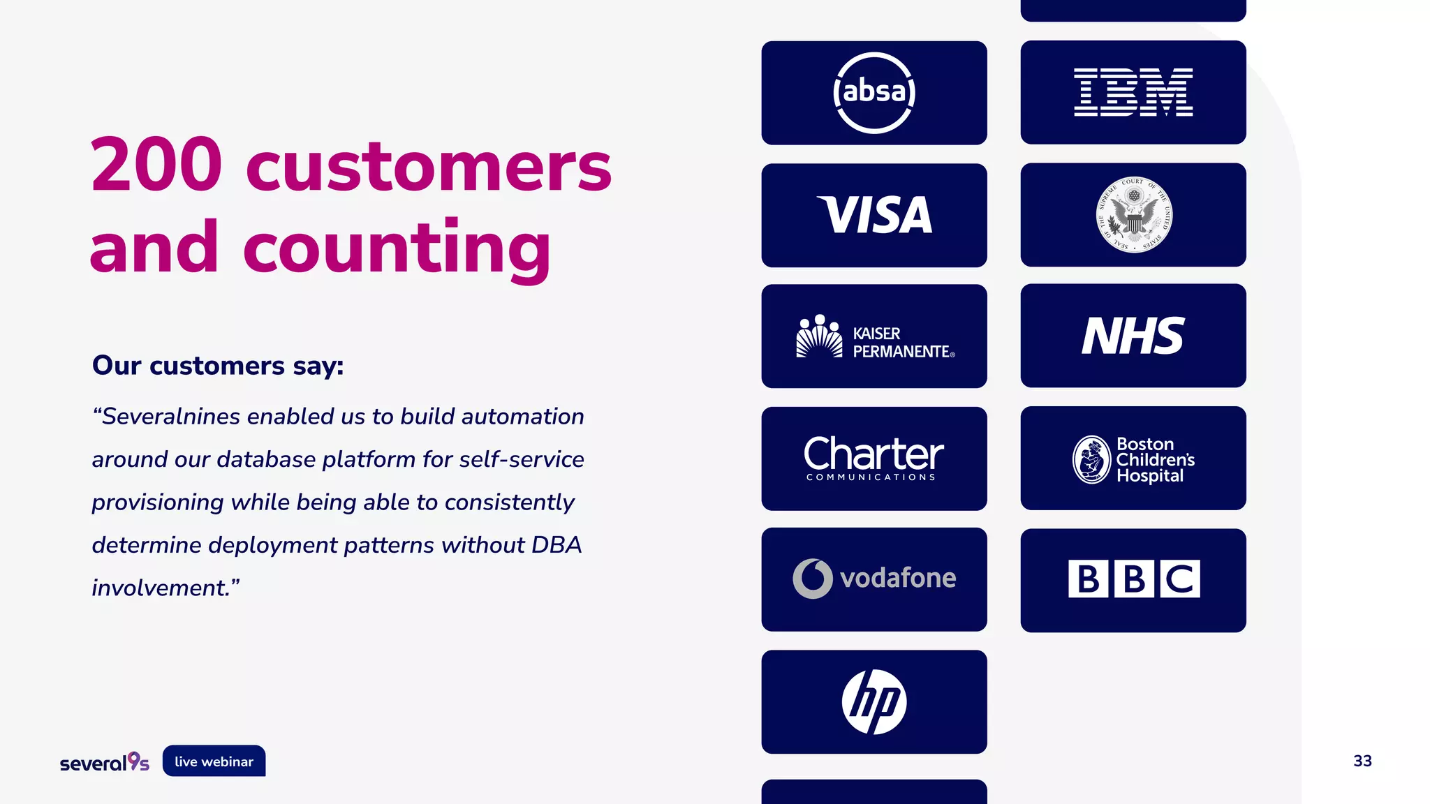 33
live webinar
Our customers say:
“Severalnines enabled us to build automation
around our database platform for self-service
provisioning while being able to consistently
determine deployment patterns without DBA
involvement.”
200 customers
and counting
 