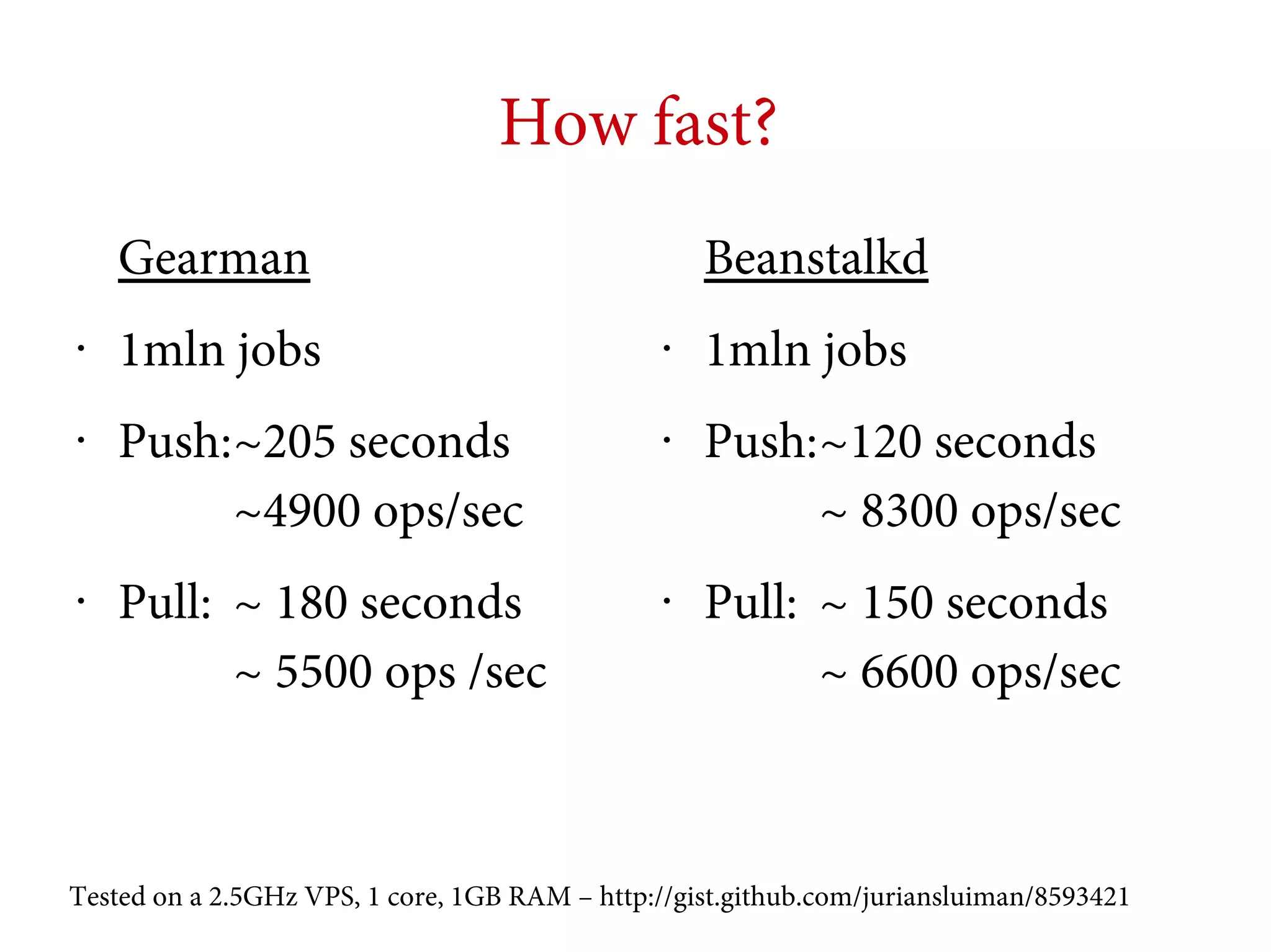 How fast?
Gearman
•

•

•

1mln jobs
Push:~205 seconds
~4900 ops/sec
Pull: ~ 180 seconds
~ 5500 ops /sec

Beanstalkd
•

•

•

1mln jobs
Push:~120 seconds
~ 8300 ops/sec
Pull: ~ 150 seconds
~ 6600 ops/sec

Tested on a 2.5GHz VPS, 1 core, 1GB RAM – http://gist.github.com/juriansluiman/8593421

 