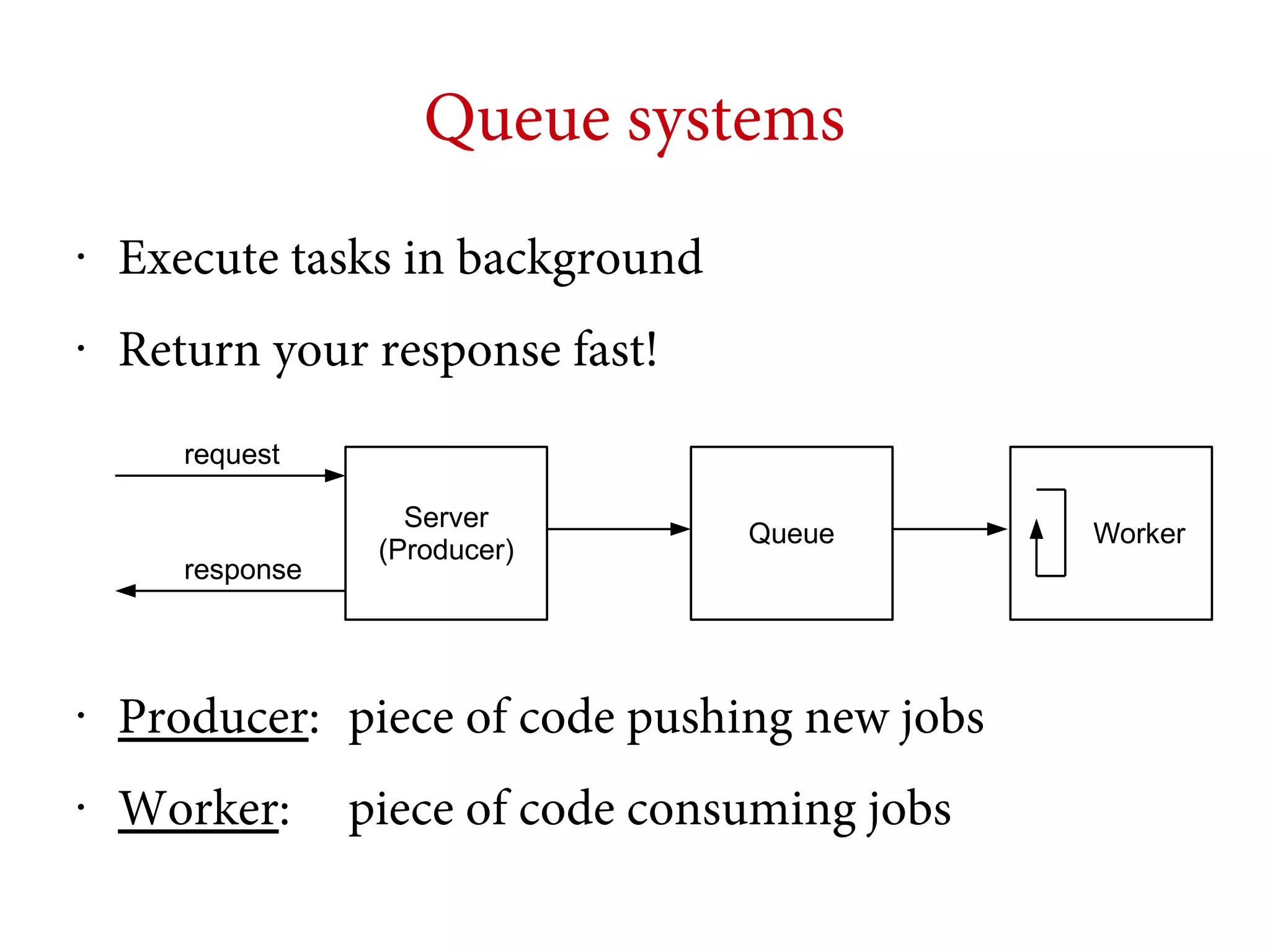 Queue systems
•

Execute tasks in background

•

Return your response fast!
request

response

Server
(Producer)

Queue

•

Producer: piece of code pushing new jobs

•

Worker:

piece of code consuming jobs

Worker

 