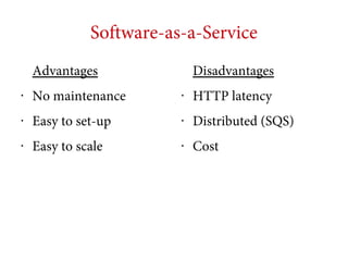 Software-as-a-Service
Advantages

Disadvantages

•

No maintenance

•

HTTP latency

•

Easy to set-up

•

Distributed (SQS)

•

Easy to scale

•

Cost

 