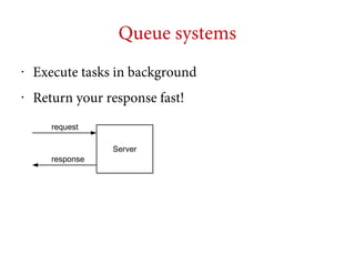 Queue systems
•

Execute tasks in background

•

Return your response fast!
request
Server
response

 