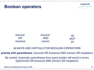 Boolean operators




              broccoli              broccoli                #2
                OR                    AND                  NOT
              brassica               cancer                 #1

            ALWAYS USE CAPITALS FOR BOOLEAN OPERATORS
priority with parentheses: (broccoli OR brassica) AND (cancer OR neoplasm)
   Be careful: Automatic parentheses from query builder will result in errors
           ((((broccoli) OR brassica) AND cancer) OR neoplasm)

  Medische Bibliotheek Erasmus MC                                               31
 