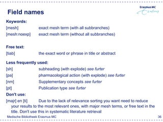 Field names
Keywords:
[mesh]             exact mesh term (with all subbranches)
[mesh:noexp]       exact mesh term (without all subbranches)


Free text:
[tiab]             the exact word or phrase in title or abstract

Less frequently used:
[sh]               subheading (with explode) see furter
[pa]               pharmacological action (with explode) see furter
[nm]               Supplementary concepts see furter
[pt]               Publication type see furter
Don't use:
[majr] en [ti]      Due to the lack of relevance sorting you want need to reduce
  your results to the most relevant ones, with major mesh terms, or free text in the
  title. Don't use this in systematic literature retrieval
Medische Bibliotheek Erasmus MC                                                        36
 