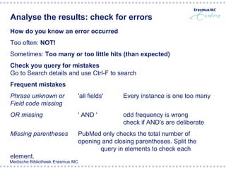 Analyse the results: check for errors
How do you know an error occurred
Too often: NOT!
Sometimes: Too many or too little hits (than expected)
Check you query for mistakes
Go to Search details and use Ctrl-F to search
Frequent mistakes
Phrase unknown or             'all fields'    Every instance is one too many
Field code missing
OR missing                    ' AND '         odd frequency is wrong
                                              check if AND's are deliberate
Missing parentheses           PubMed only checks the total number of
                              opening and closing parentheses. Split the
                                     query in elements to check each
element.
Medische Bibliotheek Erasmus MC
 