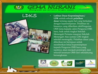 BACK
LDKS • Latihan Dasar Kepemimpinan /
LDK adalah sebuah pelatihan
dasar tentang segala hal yang berkaitan
dengan kepemimpinan. Pelatihan ini
biasanya yang diberikan olehPengurus
OSIS lama kepada calon Pengurus OSIS
baru, baik untuk tingkat Sekolah
Menengah Pertama maupun Sekolah
Menengah Atas (untuk LDK tingkat
sekolah menengah). Pelatihan dasar yang
diberikan ini bertujuan untuk
memberikan bekal kepemimpinan
kepada Pengurus OSIS baru yang
nantinya akan menjadi pemimpin dari
seluruh kesatuan OSIS dari sekolahyang
bersangkutan.
 