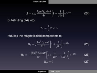 LOOP ANTENNA
A = aφj
kµa2Iosinθ
4r
1 +
1
jkr
e−jkr
(24)
Substituting (24) into-
HA =
1
µ
× A
reduces the magnetic ﬁeld components to:
Hr = j
ka2Iocosθ
2r2
1 +
1
jkr
e−jkr
(25)
Hθ = −
(ka)2
Iosinθ
4r
1 +
1
jkr
−
1
(kr)2
e−jkr
(26)
Hφ = 0 (27)
Priya Hada Title 14/19
 