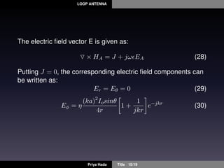 LOOP ANTENNA
The electric ﬁeld vector E is given as:
× HA = J + jω EA (28)
Putting J = 0, the corresponding electric ﬁeld components can
be written as:
Er = Eθ = 0 (29)
Eφ = η
(ka)2
Iosinθ
4r
1 +
1
jkr
e−jkr
(30)
Priya Hada Title 15/19
 
