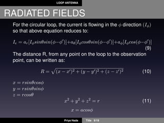 LOOP ANTENNA
RADIATED FIELDS
For the circular loop, the current is ﬂowing in the φ direction (Iφ)
so that above equation reduces to:
Ie = ar[Iφsinθsin(φ−φ )]+aθ[Iφcosθsin(φ−φ )]+aφ[Iφcos(φ−φ )]
(9)
The distance R, from any point on the loop to the observation
point, can be written as:
R = (x − x )2 + (y − y )2 + (z − z )2 (10)
x = rsinθcosφ
y = rsinθsinφ
z = rcosθ
x2
+ y2
+ z2
= r (11)
x = acosφ
Priya Hada Title 9/19
 
