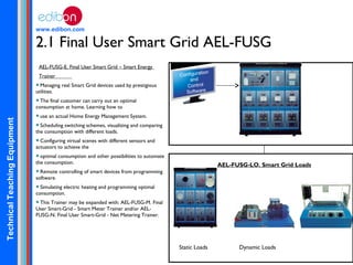 TechnicalTeachingEquipment
www.edibon.com
Dynamic LoadsStatic Loads
AEL-FUSG-LO. Smart Grid Loads
Configuration
and
Control
Software
AEL-FUSG-E. Final User Smart Grid – Smart Energy
Trainer
Managing real Smart Grid devices used by prestigious
utilities.
The final customer can carry out an optimal
consumption at home. Learning how to
use an actual Home Energy Management System.
Scheduling switching schemes, visualizing and comparing
the consumption with different loads.
Configuring virtual scenes with different sensors and
actuators to achieve the
optimal consumption and other possibilities to automate
the consumption.
Remote controlling of smart devices from programming
software.
Simulating electric heating and programming optimal
consumption.
This Trainer may be expanded with: AEL-FUSG-M. Final
User Smart-Grid - Smart Meter Trainer and/or AEL-
FUSG-N. Final User Smart-Grid - Net Metering Trainer.
2.1 Final User Smart Grid AEL-FUSG
 