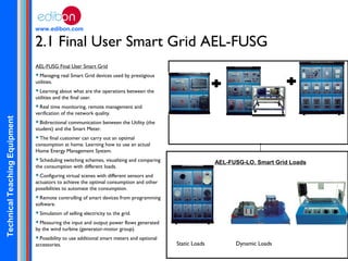 TechnicalTeachingEquipment
www.edibon.com
Dynamic LoadsStatic Loads
AEL-FUSG-LO. Smart Grid Loads
AEL-FUSG Final User Smart Grid
Managing real Smart Grid devices used by prestigious
utilities.
Learning about what are the operations between the
utilities and the final user.
Real time monitoring, remote management and
verification of the network quality.
Bidirectional communication between the Utility (the
student) and the Smart Meter.
The final customer can carry out an optimal
consumption at home. Learning how to use an actual
Home Energy Management System.
Scheduling switching schemes, visualizing and comparing
the consumption with different loads.
Configuring virtual scenes with different sensors and
actuators to achieve the optimal consumption and other
possibilities to automate the consumption.
Remote controlling of smart devices from programming
software.
Simulation of selling electricity to the grid.
Measuring the input and output power flows generated
by the wind turbine (generator-motor group).
Possibility to use additional smart meters and optional
accessories.
2.1 Final User Smart Grid AEL-FUSG
 