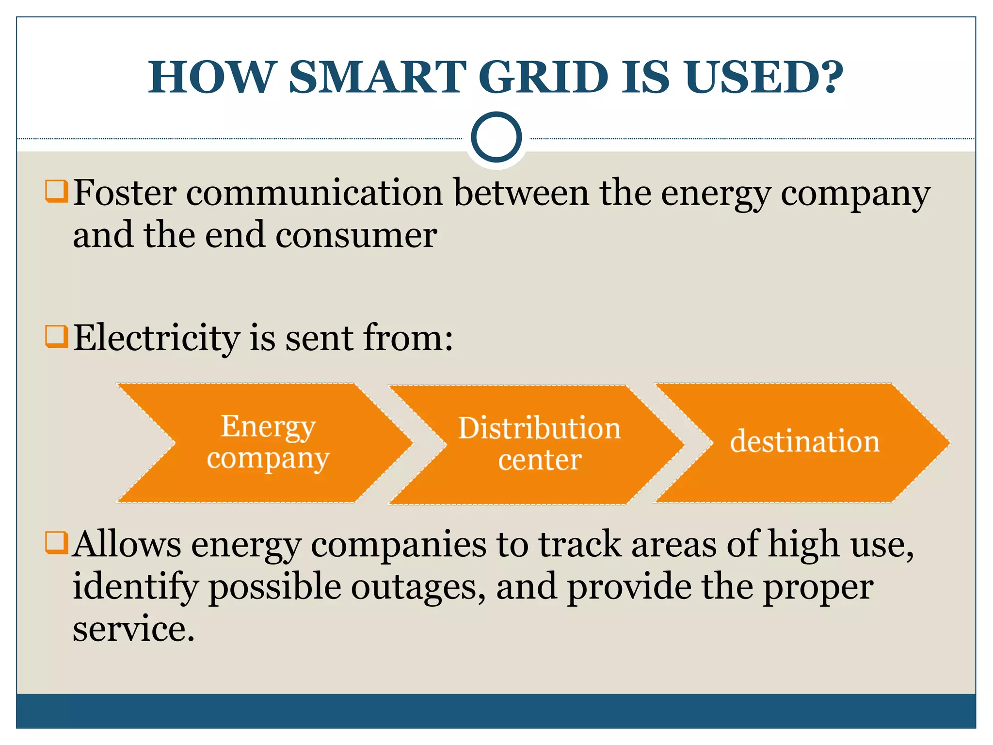 HOW SMART GRID IS USED? Foster communication between the energy company and the end consumer  Electricity is sent from: Allows energy companies to track areas of high use, identify possible outages, and provide the proper service. 