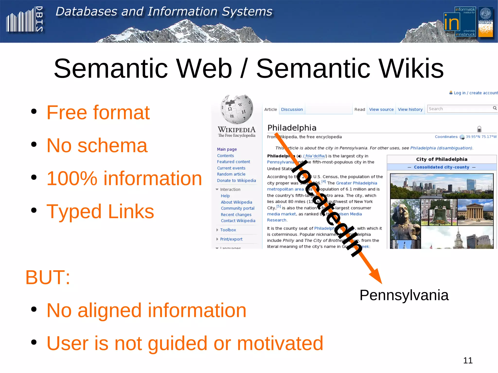 Semantic Web / Semantic Wikis
●
    Free format
●
    No schema
    100% information




                              lo
●




                                ca
●
    Typed Links




                                   t
                                  ed
                                     In
BUT:
                                       Pennsylvania
●
    No aligned information
●
    User is not guided or motivated
                                                      11
 