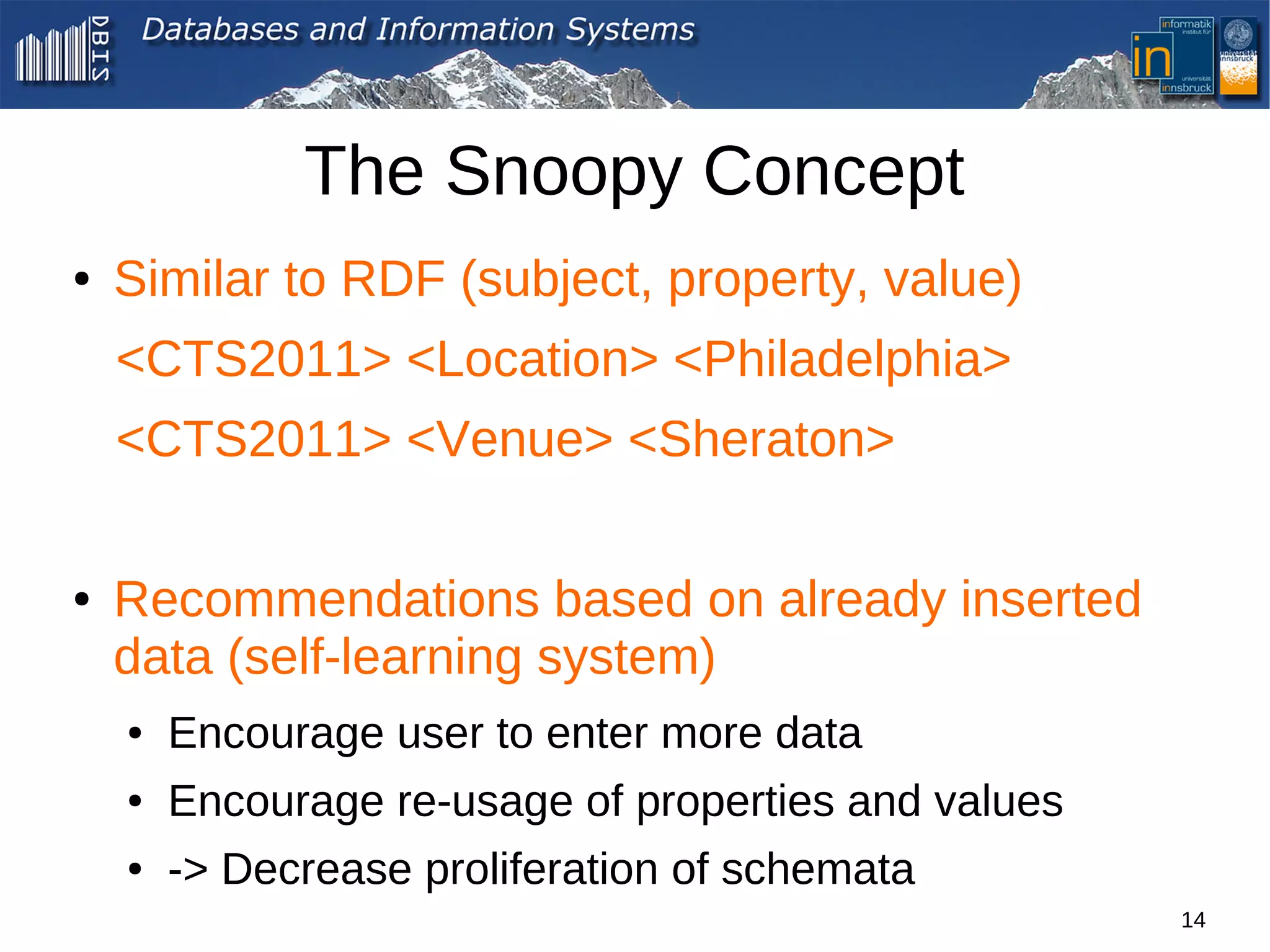 The Snoopy Concept
●   Similar to RDF (subject, property, value)
    <CTS2011> <Location> <Philadelphia>
    <CTS2011> <Venue> <Sheraton>

●   Recommendations based on already inserted
    data (self-learning system)
    ●   Encourage user to enter more data
    ●   Encourage re-usage of properties and values
    ●   -> Decrease proliferation of schemata
                                                      14
 