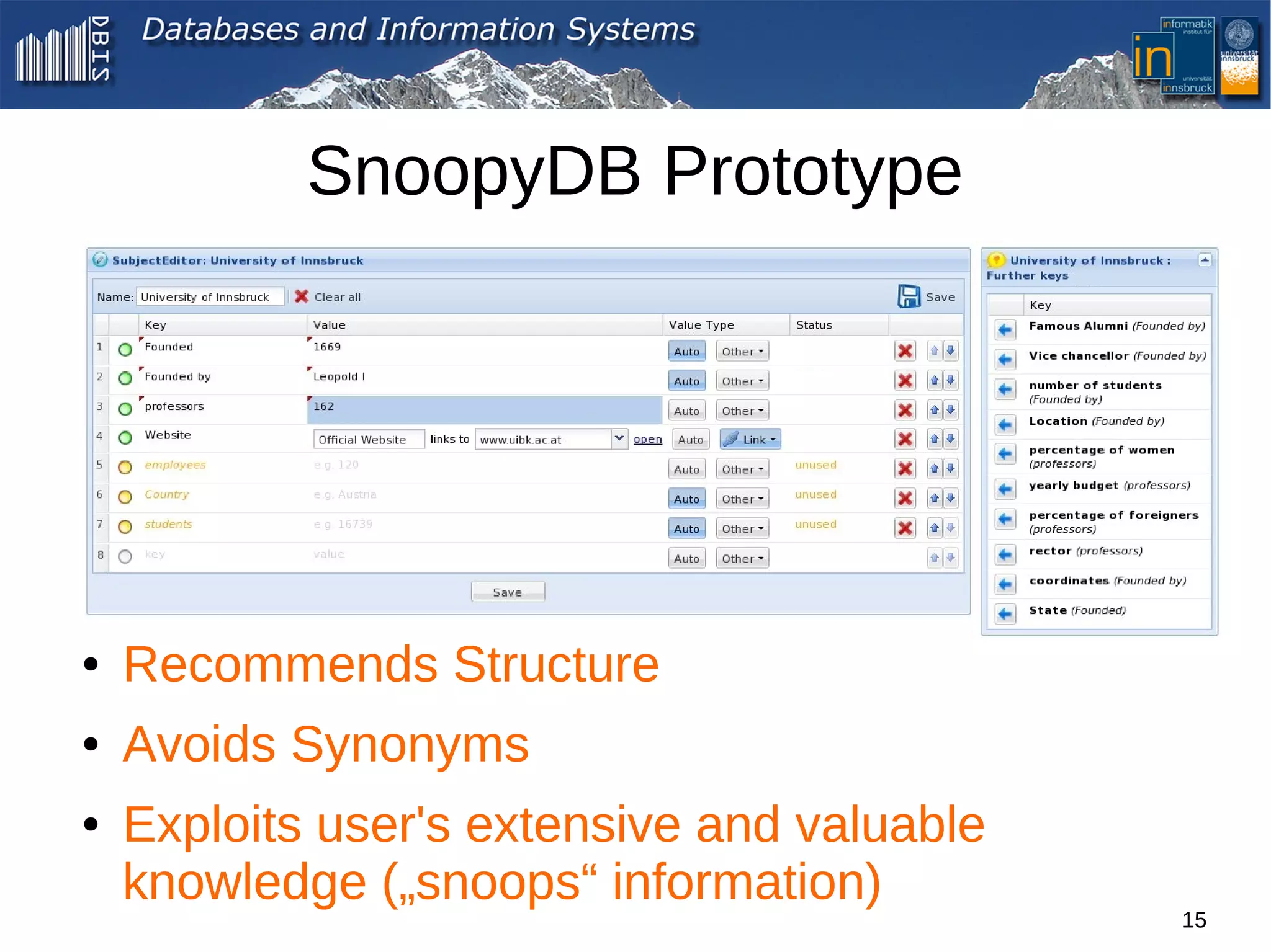SnoopyDB Prototype




●   Recommends Structure
●   Avoids Synonyms
●   Exploits user's extensive and valuable
    knowledge („snoops“ information)
                                             15
 