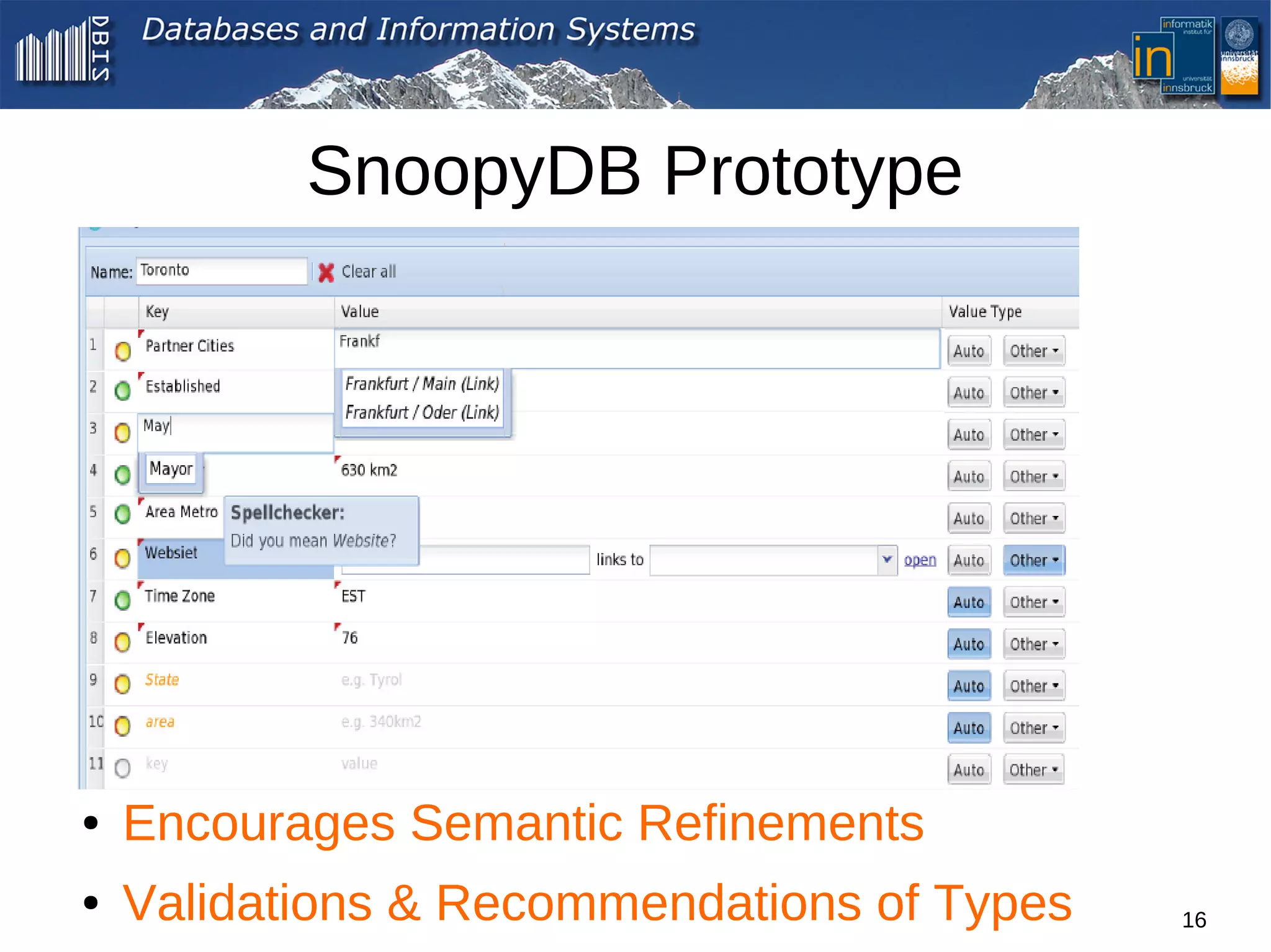 SnoopyDB Prototype




●   Encourages Semantic Refinements
●   Validations & Recommendations of Types   16
 