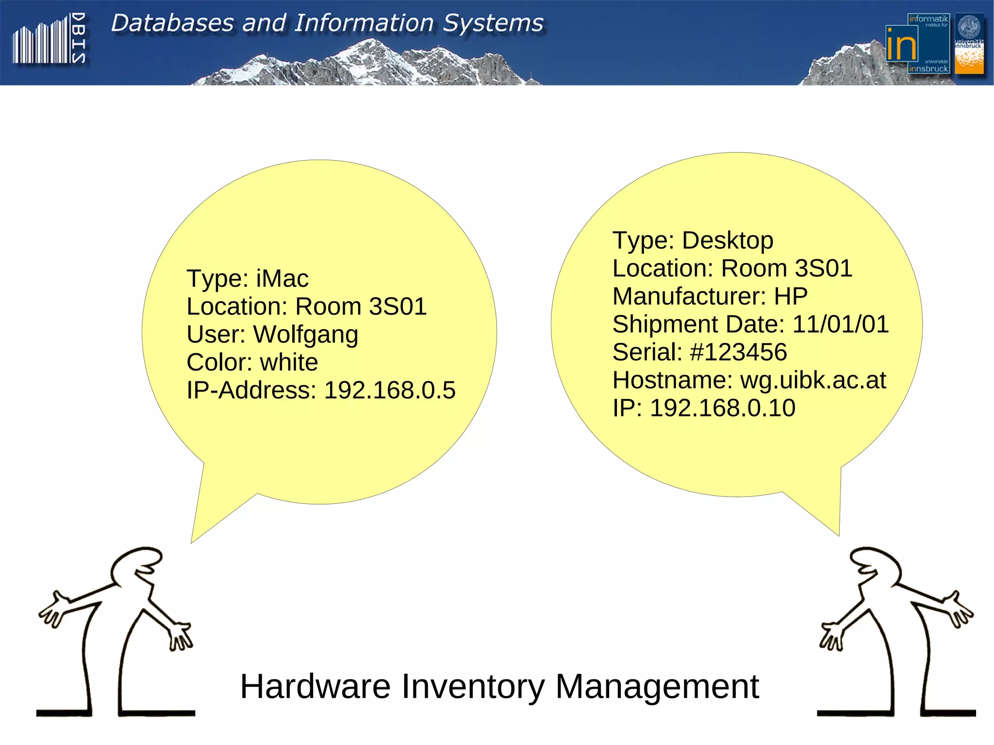 Type: Desktop
Type: iMac                Location: Room 3S01
Location: Room 3S01       Manufacturer: HP
User: Wolfgang            Shipment Date: 11/01/01
Color: white              Serial: #123456
IP-Address: 192.168.0.5   Hostname: wg.uibk.ac.at
                          IP: 192.168.0.10




    Hardware Inventory Management
                                                    3
 