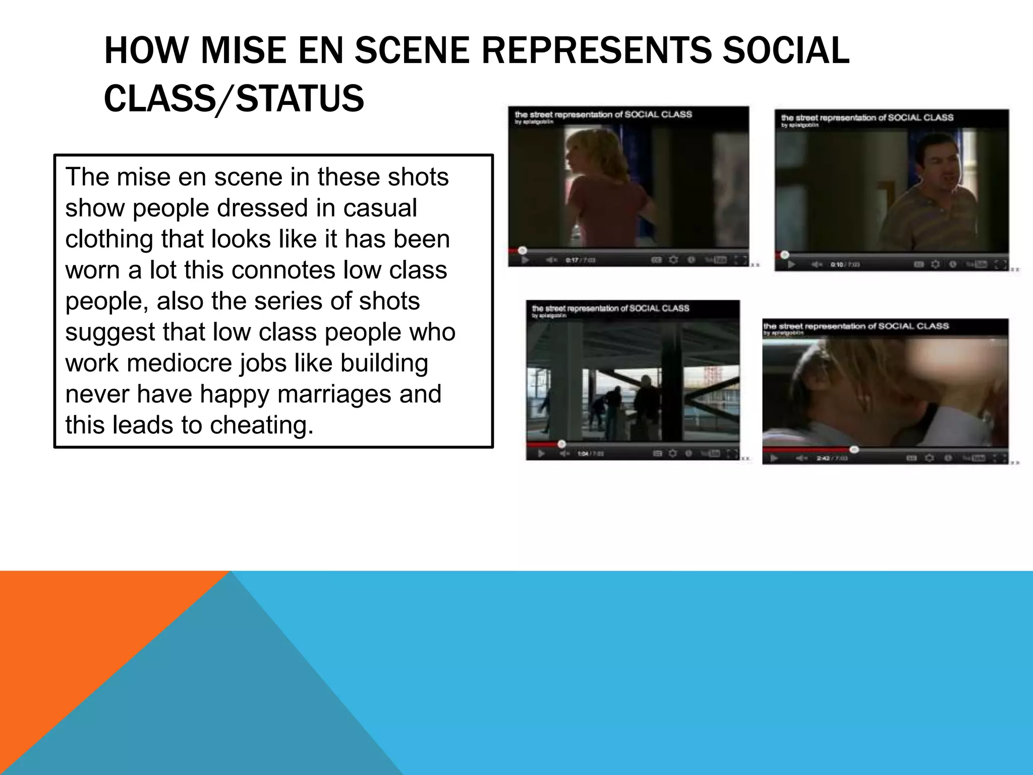 HOW MISE EN SCENE REPRESENTS SOCIAL
   CLASS/STATUS
The mise en scene in these shots
show people dressed in casual
clothing that looks like it has been
worn a lot this connotes low class
people, also the series of shots
suggest that low class people who
work mediocre jobs like building
never have happy marriages and
this leads to cheating.
 