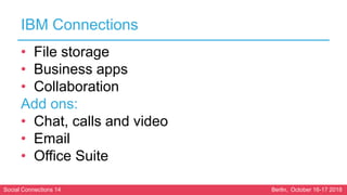 Social Connections 14 Berlin, October 16-17 2018
IBM Connections
• File storage
• Business apps
• Collaboration
Add ons:
•...