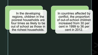 z
In the developing
regions, children in the
poorest households are
four times as likely to be
out of school as those in
the richest households.
In countries affected by
conflict, the proportion
of out-of-school children
increased from 30 per
cent in 1999 to 36 per
cent in 2012.
 
