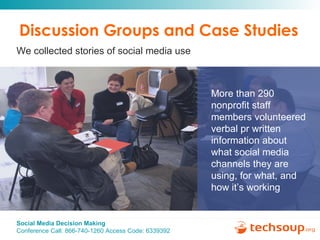 Discussion Groups and Case Studies We collected stories of social media use More than 290 nonprofit staff members volunteered verbal pr written information about what social media channels they are using, for what, and how it’s working 
