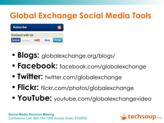 Global Exchange Social Media Tools Blogs:  globalexchange.org/blogs/ Facebook :  facebook.com/globalexchange Twitter:   twitter.com/globalexchange Flickr:  flickr.com/photos/globalexchange YouTube:   youtube.com/globalexchangevideo 