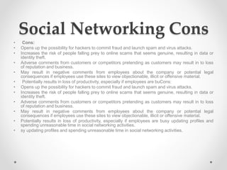 Social Networking Cons
• Cons:
• Opens up the possibility for hackers to commit fraud and launch spam and virus attacks.
• Increases the risk of people falling prey to online scams that seems genuine, resulting in data or
identity theft.
• Adverse comments from customers or competitors pretending as customers may result in to loss
of reputation and business.
• May result in negative comments from employees about the company or potential legal
consequences if employees use these sites to view objectionable, illicit or offensive material.
• Potentially results in loss of productivity, especially if employees are buCons:
• Opens up the possibility for hackers to commit fraud and launch spam and virus attacks.
• Increases the risk of people falling prey to online scams that seems genuine, resulting in data or
identity theft.
• Adverse comments from customers or competitors pretending as customers may result in to loss
of reputation and business.
• May result in negative comments from employees about the company or potential legal
consequences if employees use these sites to view objectionable, illicit or offensive material.
• Potentially results in loss of productivity, especially if employees are busy updating profiles and
spending unreasonable time in social networking activities.
• sy updating profiles and spending unreasonable time in social networking activities.
 