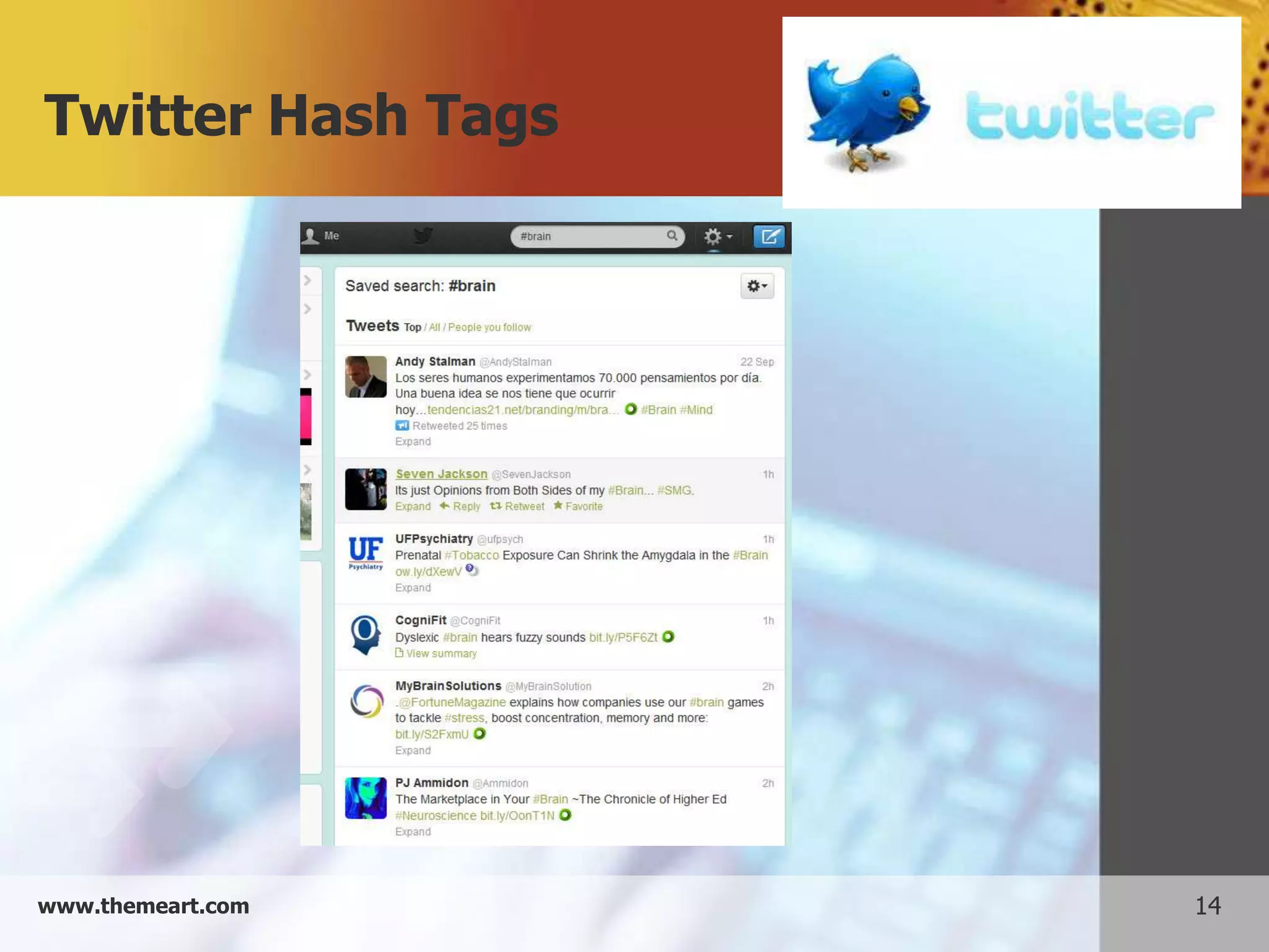 Twitter Hash Tags




www.themeart.com    14
 