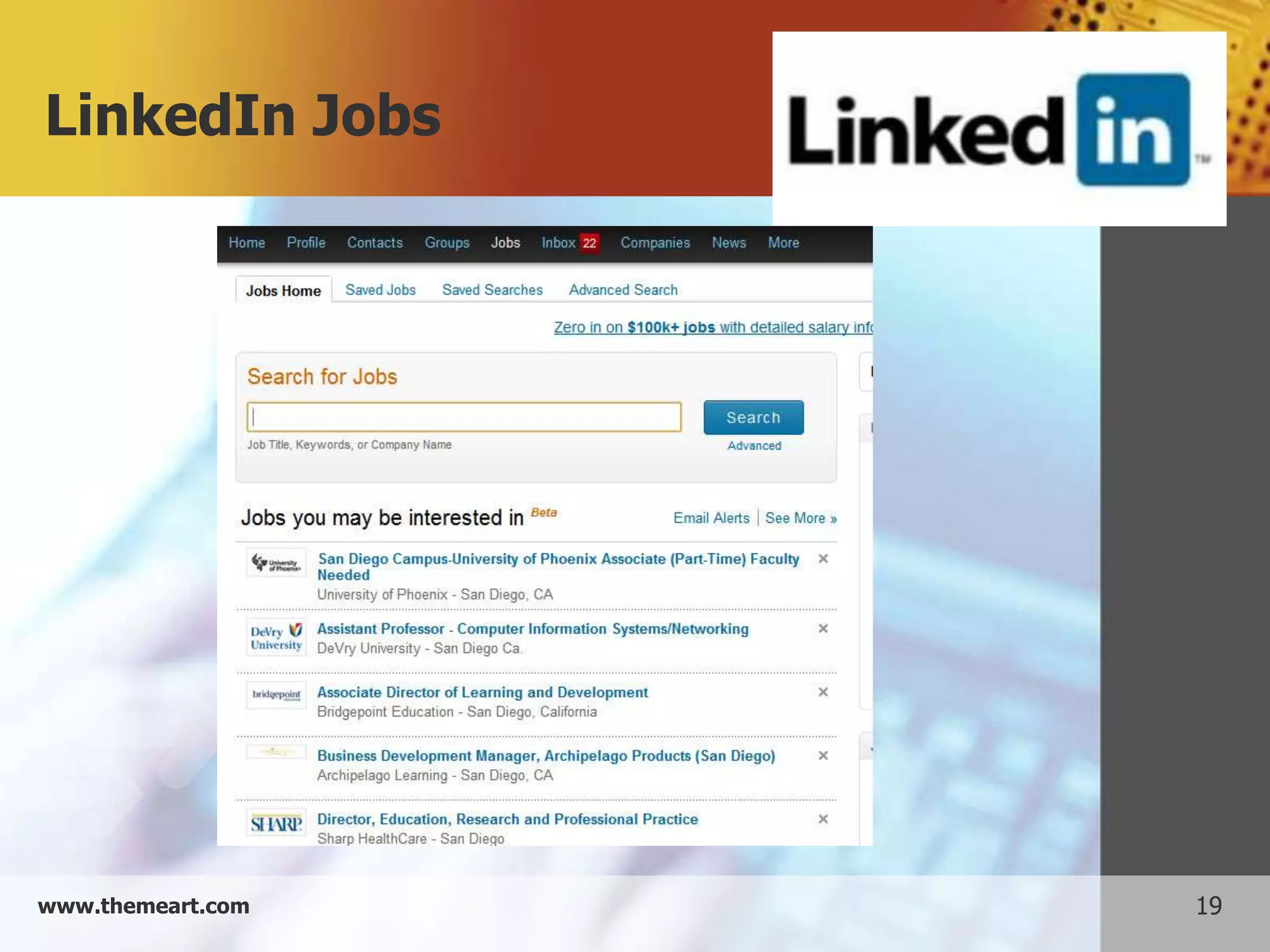 LinkedIn Jobs




www.themeart.com   19
 