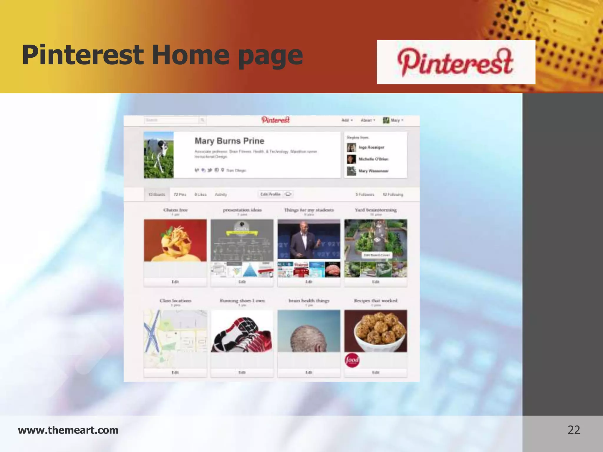 Pinterest Home page




www.themeart.com      22
 