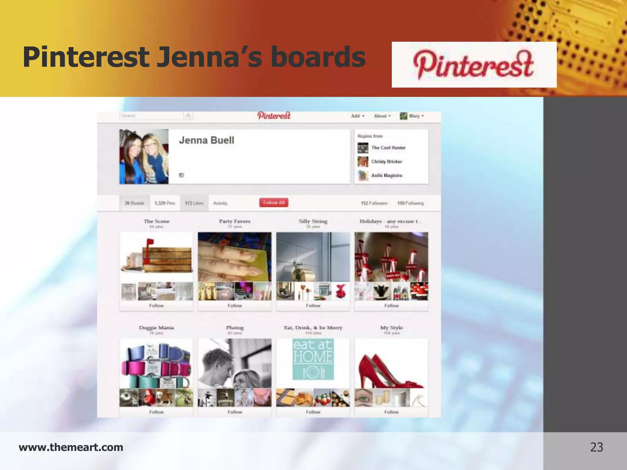 Pinterest Jenna’s boards




www.themeart.com           23
 