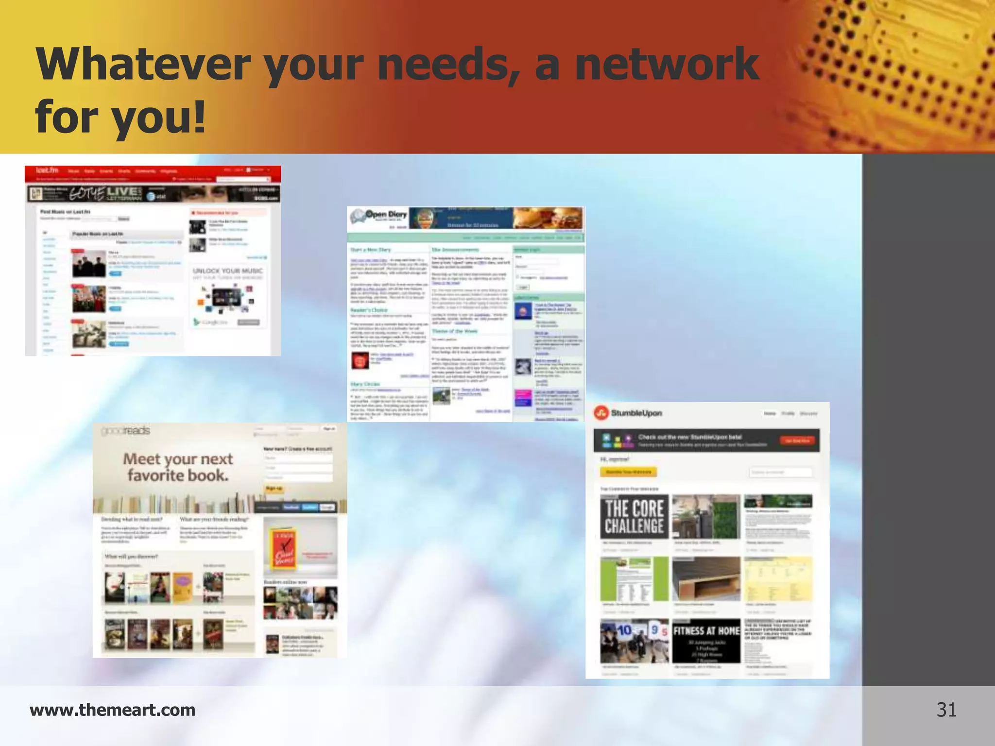 Whatever your needs, a network
for you!




www.themeart.com                 31
 