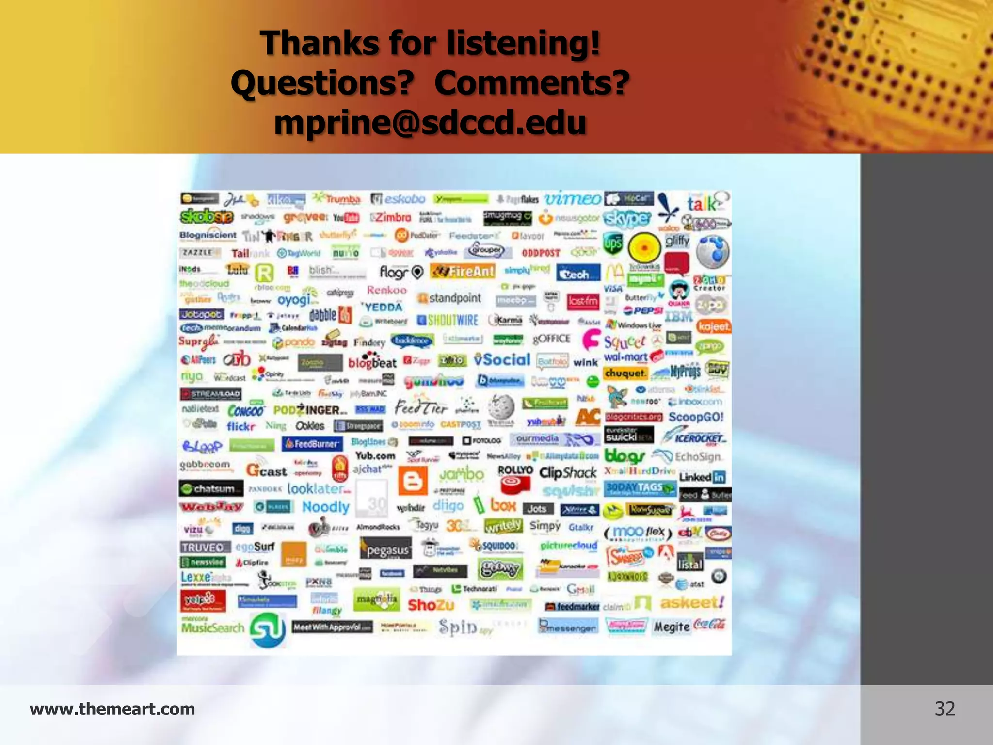Thanks for listening!
                   Questions? Comments?
                     mprine@sdccd.edu




www.themeart.com                            32
 