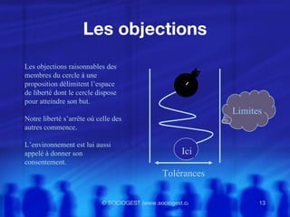 Les objections Les objections raisonnables des membres du cercle à une proposition délimitent l’espace de liberté dont le cercle dispose pour atteindre son but.  Notre liberté s’arr ête où celle des autres commence. L’environnement est lui aussi appelé à donner son consentement. Ici Tolérances Limites 