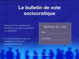 Le bulletin de vote sociocratique Chacun met en candidature le candidat de son choix et présente ses arguments. Le cercle décide de retenir un candidat sur la base des arguments présentés Bulletin de vote Moi : _______________ Candidat ____________ 