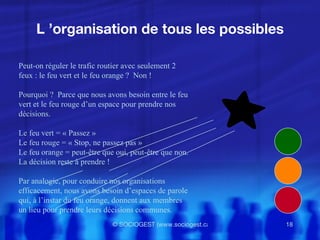 L ’organisation de tous les possibles Peut-on réguler le trafic routier avec seulement 2 feux : le feu vert et le feu orange ?  Non ! Pourquoi ?  Parce que nous avons besoin entre le feu vert et le feu rouge d’un espace pour prendre nos décisions. Le feu vert = « Passez »  Le feu rouge = « Stop, ne passez pas » Le feu orange = peut- être que oui, peut-être que non.  La décision reste à prendre ! Par analogie, pour conduire nos organisations efficacement, nous avons besoin d’espaces de parole qui, à l’instar du feu orange, donnent aux membres un lieu pour prendre leurs décisions communes . 