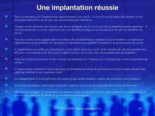 Une implantation réussie Tous les membres de l’organisation appartiennent à un cercle.  Ce cercle est un centre décisionnel où les décisions sont prises sur la base du consentement des membres ; Chaque cercle poursuit une mission qui lui est déléguée par le cercle qui lui est immédiatement supérieur.  Il est représenté sur ce cercle supérieur par son chef hiérarchique et un second lien élu par les membres du cercle ; Tous les cercles sont engagés dans une démarche d’amélioration continue et leurs membres se réunissent régulièrement pour prendre les décisions d’orientation susceptibles d’améliorer la performance du cercle ; L’organisation accueille ses fournisseurs et ses clients dans un cercle où les besoins de chacun peuvent être discutés ouvertement et les décisions d’affaires prises sur la base du consentement des participants ; Tous les cercles ont un plan et des activités de formation (à l’interne et à l’externe) qui visent la pérennité du cercle ;  L’organisation bénéficie d’un programme de formation au mode de gouvernance sociocratique destiné aux chefs en fonction et aux aspirants chefs ;  La rémunération et la bonification du travail et du capital tiennent compte des principes sociocratiques. Les statuts juridiques sont révisés de façon à séparer le pouvoir de propriété du pouvoir décisionnel. De façon périodique, l’organisation est soumise à une vérification externe pour mesurer la conformité de la gestion aux principes du mode de gouvernance sociocratique. 