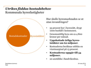 PwC
Utrikes föddas bostadsbehov
Kommunala hyresfastigheter
Hur skulle hyresmarknaden se ut
utan invandringen?
• 55 procent bor i hyresrätt, drygt
1000 hushåll i kommunen.
• Genomsnittlig hyra om ca 4 800
kronor per månad.
• Uppskattade årliga hyres-
intäkter om 62 miljoner.
• Kostnaderna beräknas utifrån en
vinstmarginal på 13 procent.
• Kostnaderna uppgår till 54
miljoner.
• 20 anställda i Sandvikenhus.
Bostadskostnader Hyresintäkter
14
24 mars 2014Sandvikens kommun
 