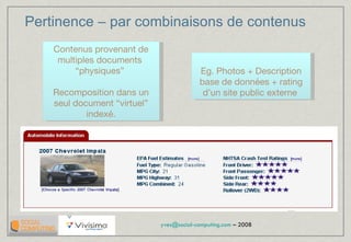 Contenus provenant de multiples documents  “physiques”  Recomposition dans un seul document “virtuel” indexé. Eg. Photos + Description base de données + rating d’un site public externe  Pertinence – par combinaisons de contenus 