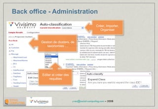 Back office - Administration Editer et créer des requêtes Gestion de clusters, de taxonomies … Créer, Importer, Organiser 