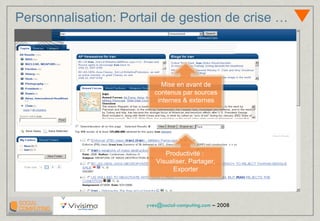 Personnalisation: Portail de gestion de crise … Productivité :  Visualiser, Partager, Exporter Mise en avant de contenus par sources internes & externes 