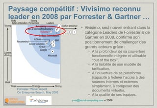 Paysage compétitif : Vivisimo reconnu leader en 2008 par Forrester & Gartner … Vivisimo, seul nouvel entrant dans la catégorie Leaders de Forrester & de Gartner en 2008, confirme son positionnement de challenger des grands acteurs grâce : A la profondeur de sa couverture fonctionnelle intégrée et utilisable “out of the box”,  A la lisibilité de son modèle de tarification,  A l’ouverture de sa plateforme (capacité à fédérer l’accès à des sources internes et externes simplement, à composer des documents virtuels),  A la qualité de ses équipes. Forrester “Wave” report  On Enterprise Search, May 2008 