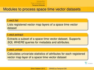 Introduction
Time in GRASS GIS
Temporal Modules

Modules to process space time vector datasets
t.vect.list
Lists registere...