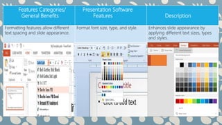 Features Categories/
General Benefits
Presentation Software
Features Description
Formatting features allow different
text spacing and slide appearance.
Format font size, type, and style. Enhances slide appearance by
applying different text sizes, types
and styles.
 