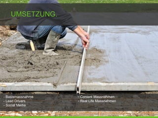 UMSETZUNG.
- Basismassnahme
- Lead Drivers
- Social Media
- Content Massnahmen
- Real Life Massnahmen
 
