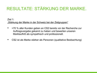 RESULTATE: STÄRKUNG DER MARKE.
Ziel 1:
„Stärkung der Marke in der Schweiz bei der Zielgruppen“
 >70 % aller Kunden geben an CS2 bereits vor der Recherche zur
Auftragsvergabe gekannt zu haben und bewerten unseren
Marktauftritt als sympathisch und professionell.
 CS2 ist als Marke stärker als Personen (qualitative Beobachtung)
 
