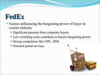 FedEx  Factors influencing the bargaining power of buyer in courier industry Significant pressure from corporate buyers  Low switching costs contribute to buyers bargaining power Strong competitors like UPS , DHL  National postal services  