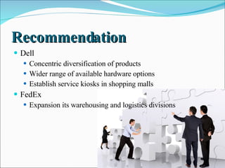Recommendation  Dell Concentric diversification of products  Wider range of available hardware options  Establish service kiosks in shopping malls  FedEx Expansion its warehousing and logistics divisions  